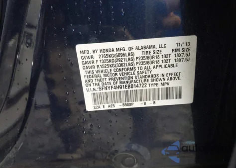 2014 Honda Pilot Touring z USA, uszkodzony, nr VIN 5FNYF4H91EB014722